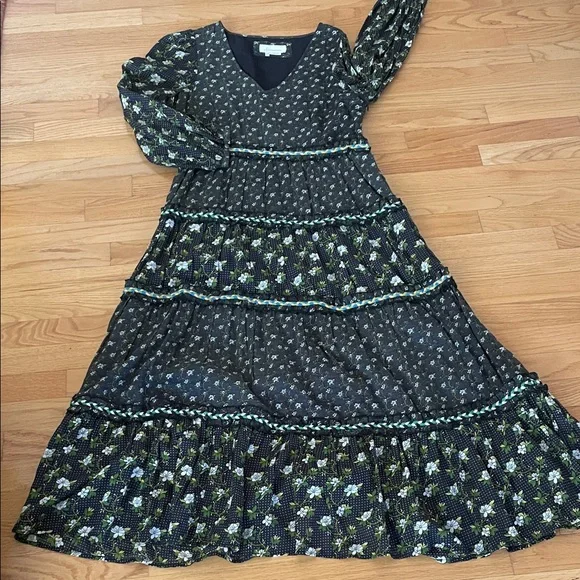 Anthropologie | Dresses | Anthropologie Black And Green Floral Long Sleeve  Dress | Poshmark